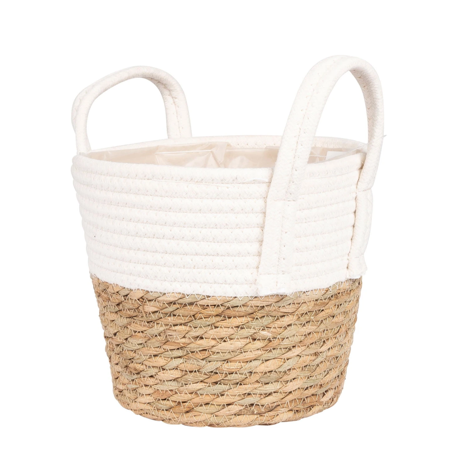 2-farbiger Wohnkorb Mit Folieneinsatz, Seegrasgeflecht Und Jute, Weiß, 23,5 Cm 1 2-farbiger Wohnkorb Mit Folieneinsatz, Seegrasgeflecht Und Jute, Weiß, 23,5 Cm